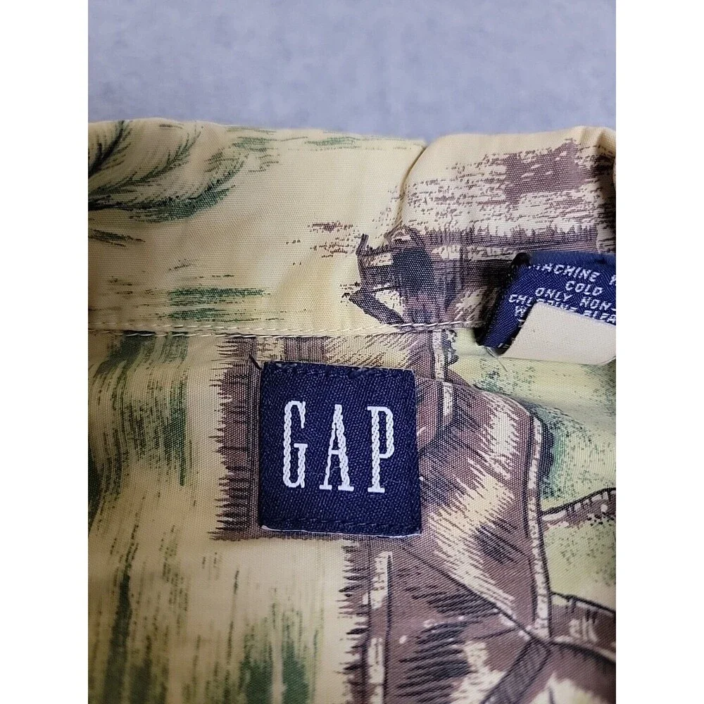 Vintage GAP‎ Hawaiian Shirt Mens L Brown Tiki Hut Native Cotton Pocket Dad Camp